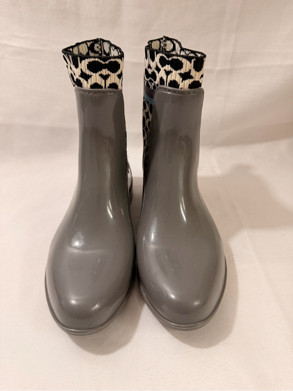 Coach Gray Glossy Ankle Rain Boots with Black & White Knit Cuff